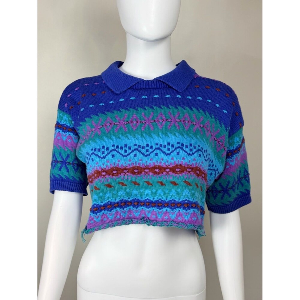 Vintage 80s Colorful Geometric Knit Polo Sweater Cropped Small